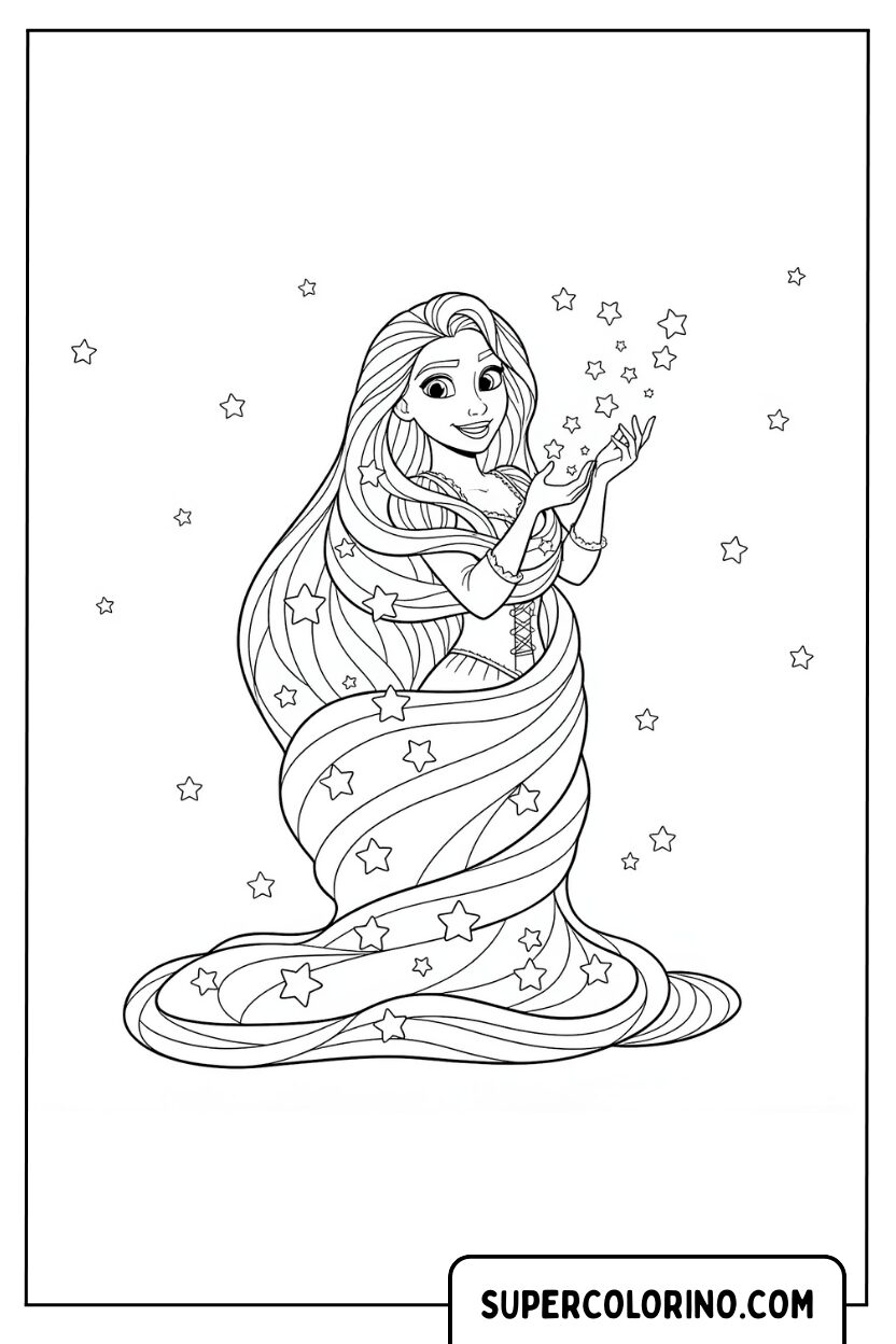 Malvorlage Rapunzel, in ihr magisches Haar gehüllt