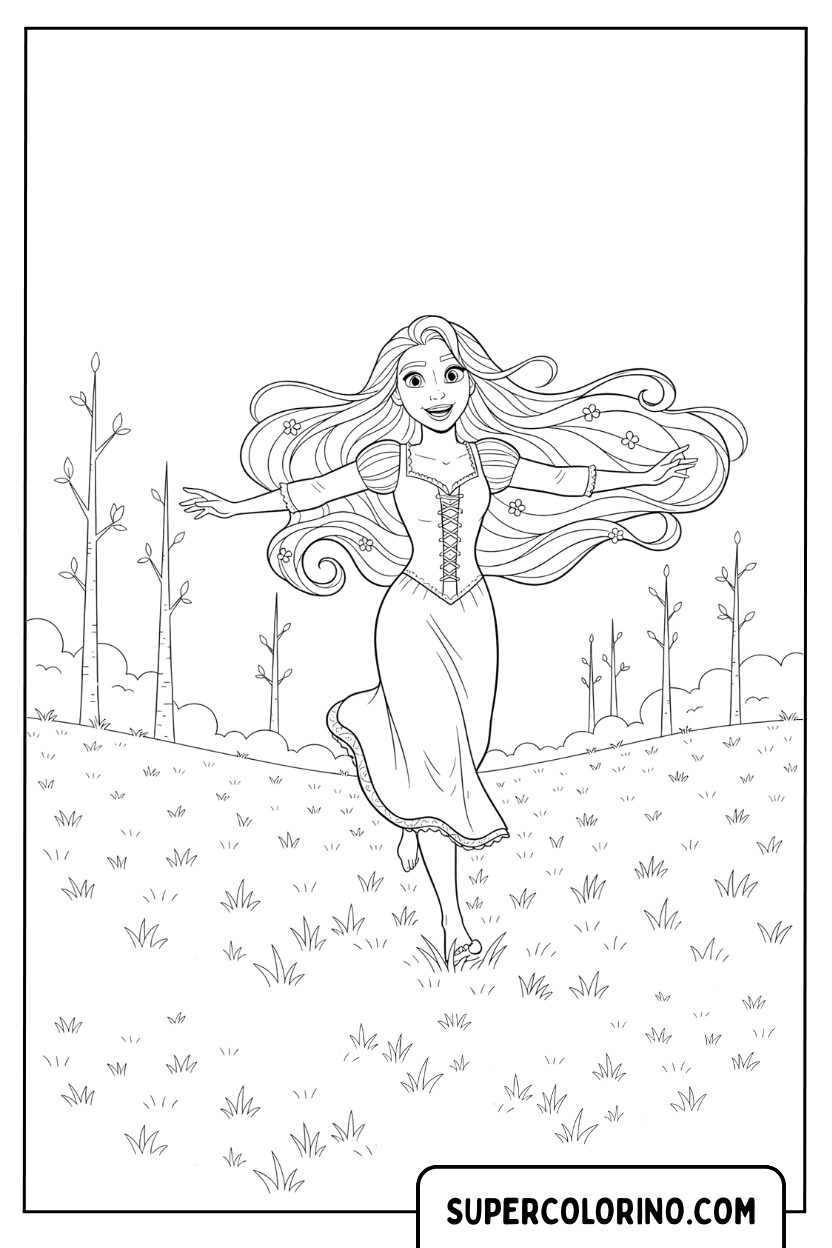 Malvorlage Rapunzel rennt mitten auf der Wiese