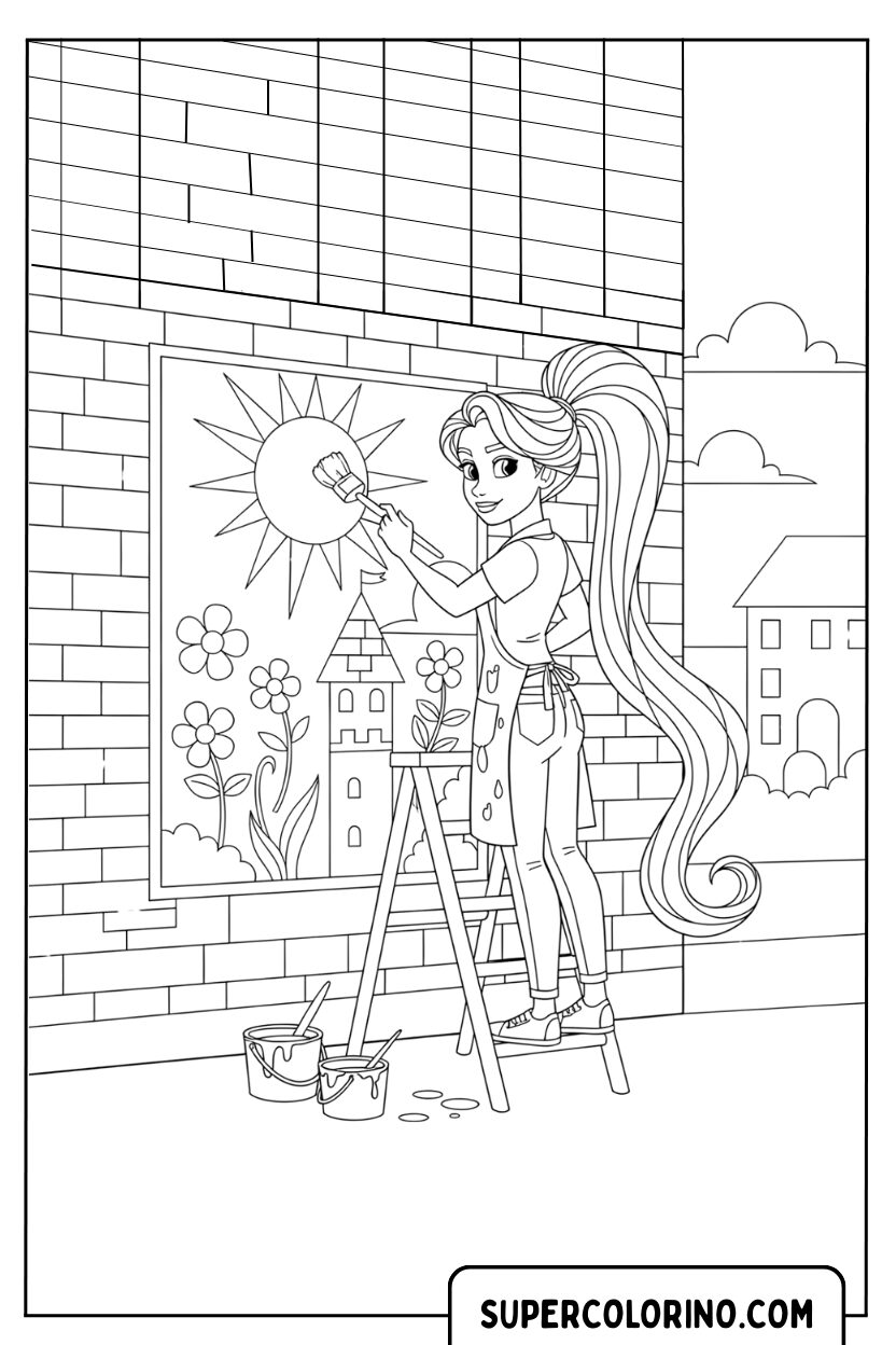 Malvorlage Rapunzel malt ein kreatives Wandgemälde