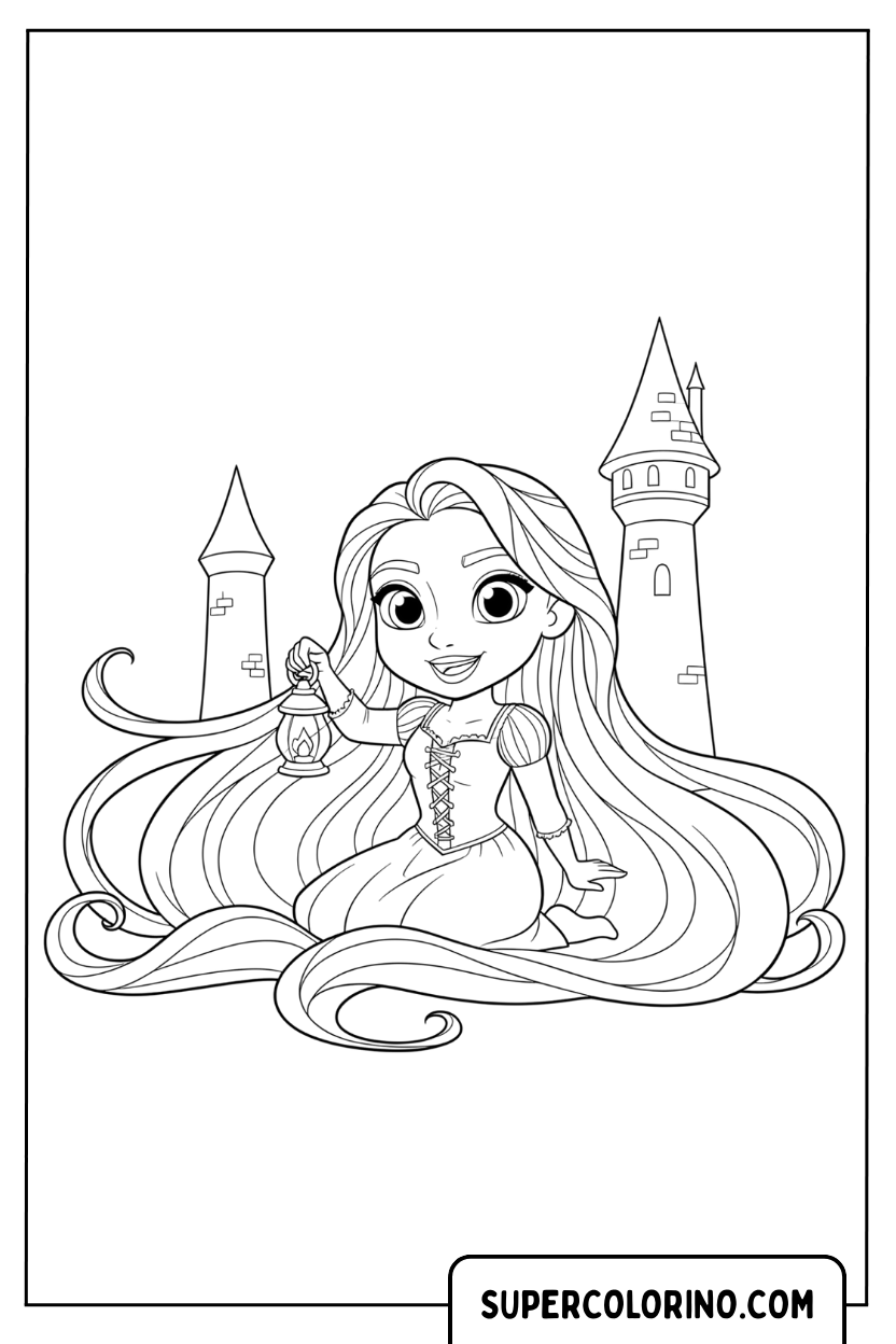 Malvorlage Rapunzel Chibi vor dem Turm