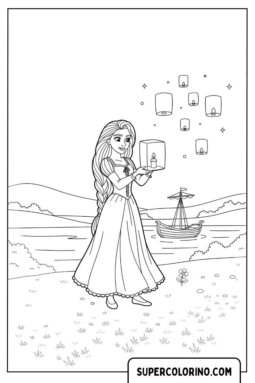 Malvorlage Rapunzel mit Laterne am Strand