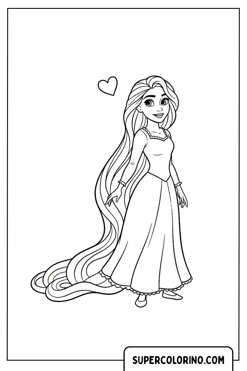 Malvorlage Rapunzel mit einem kleinen Herzen hinter sich