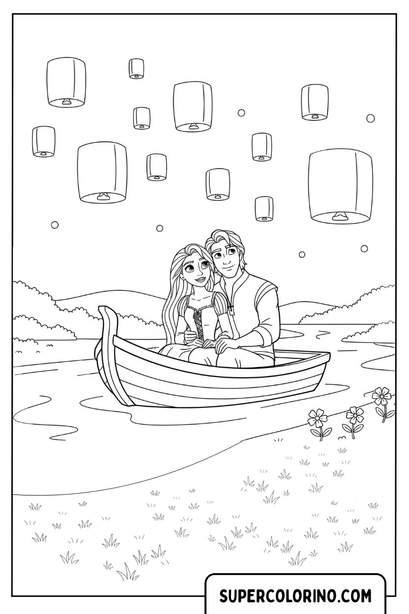 Malvorlage Rapunzel und Flynn mit Laternen auf dem Boot