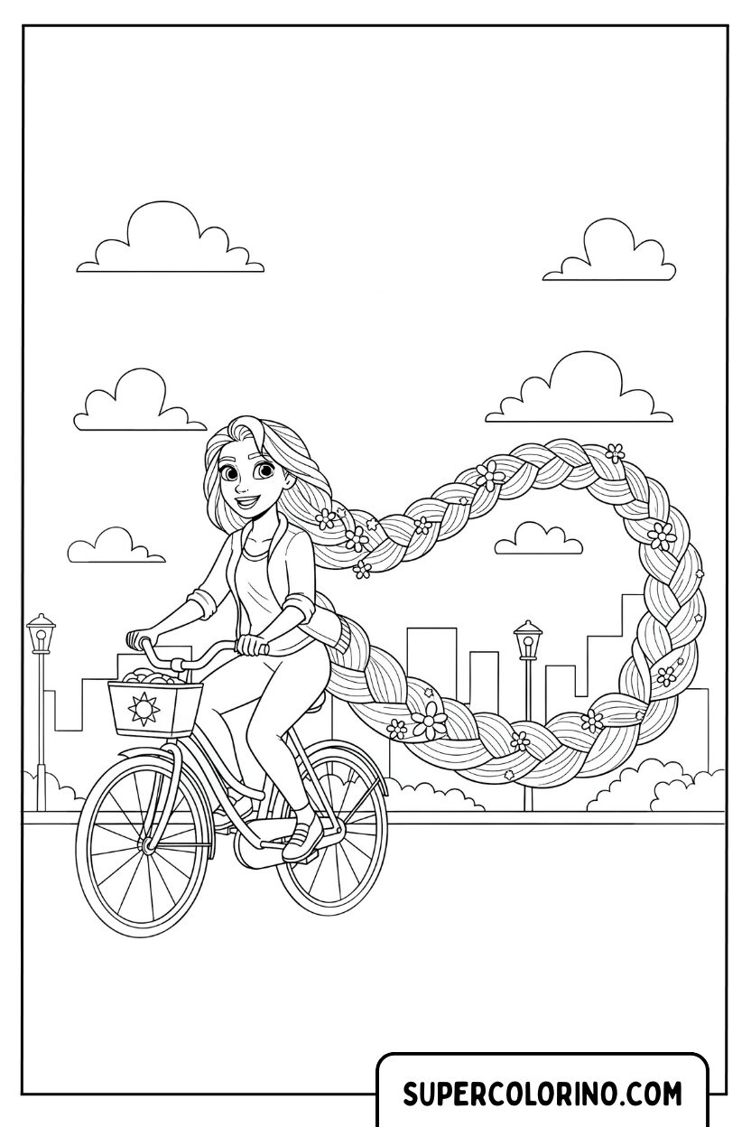 Malvorlage Rapunzel auf einem Fahrrad in der Stadt