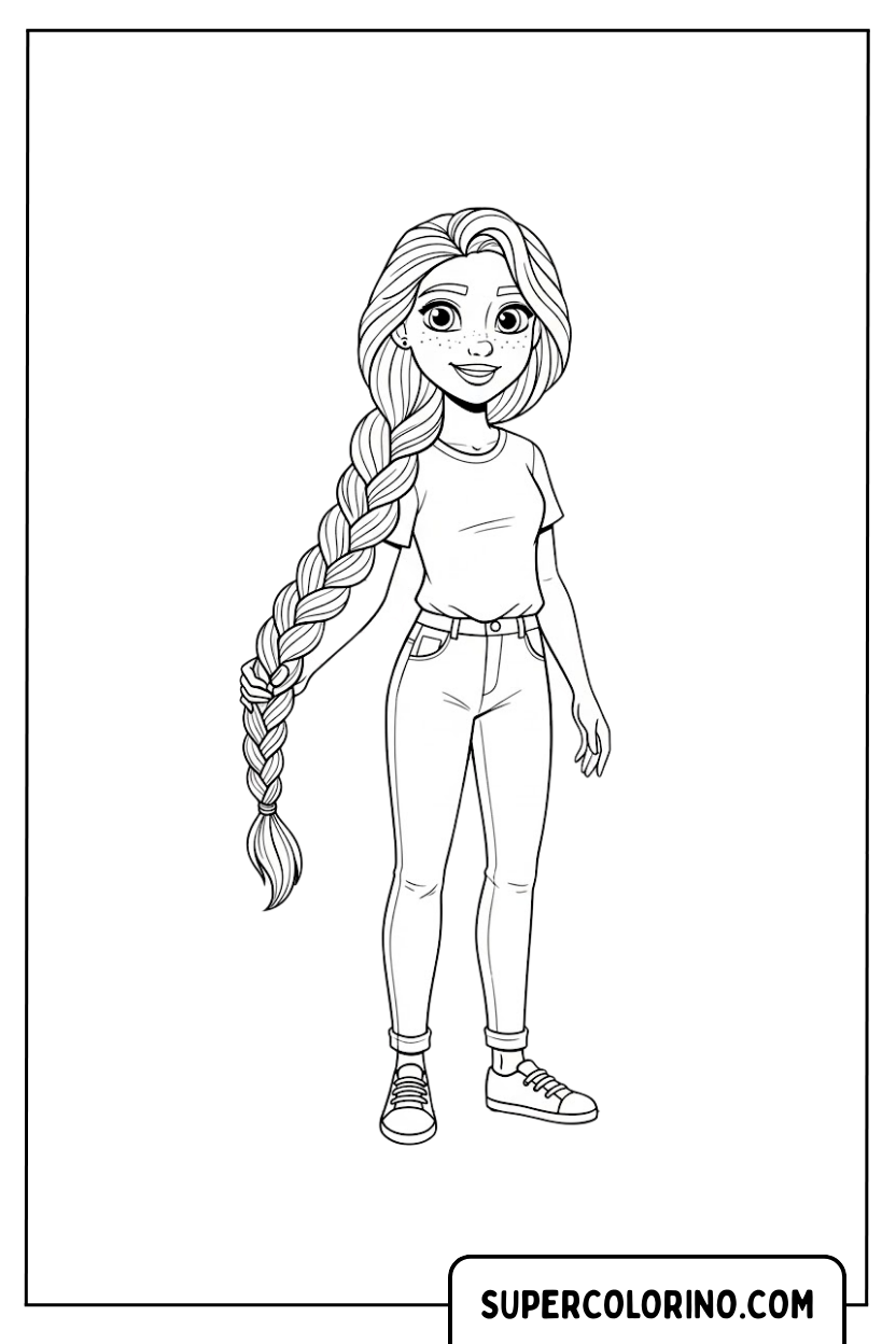 Malvorlage Rapunzel in einer modernen Version, selbstbewusst stehend