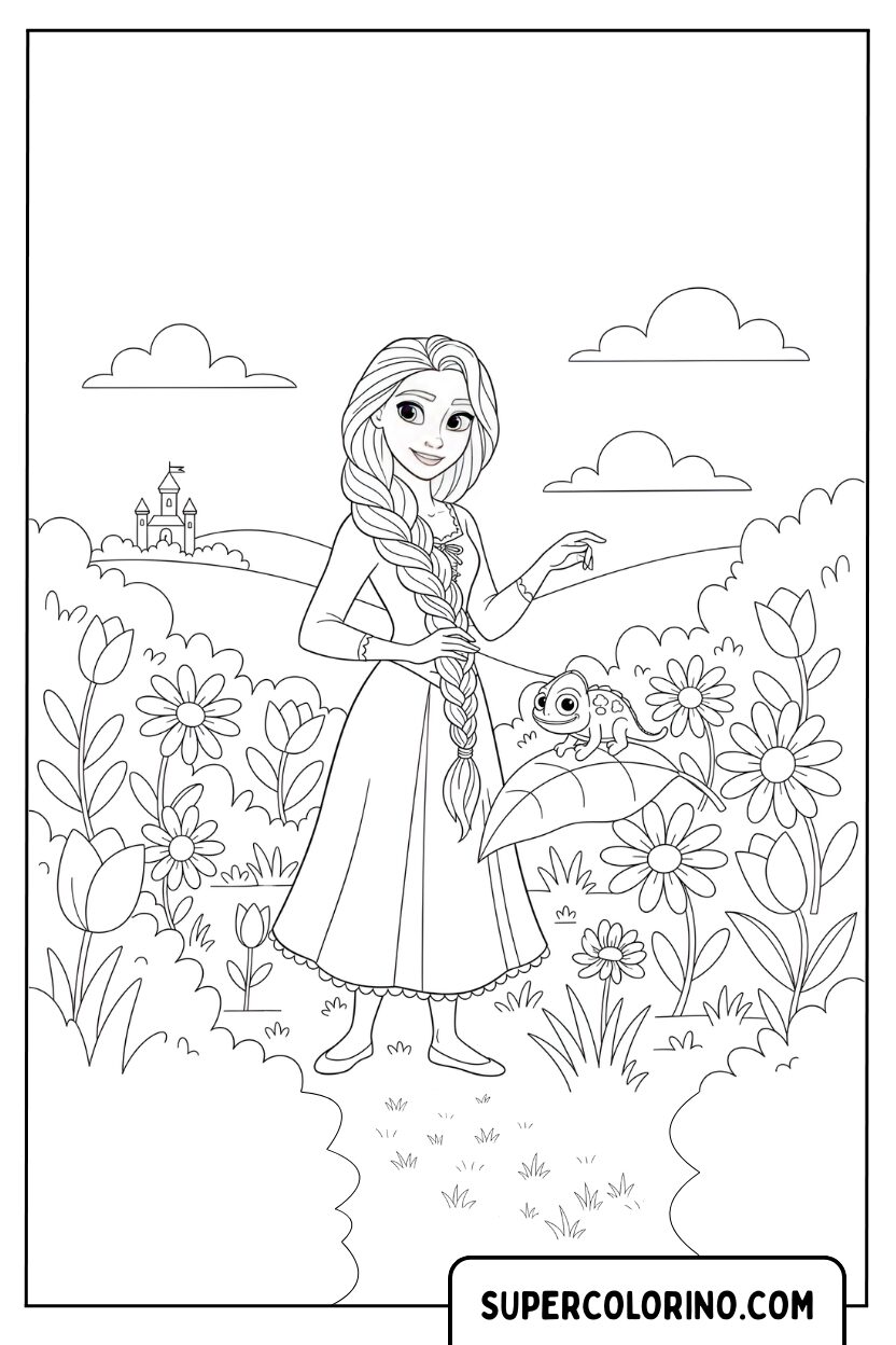 Malvorlage Rapunzel im Blumengarten