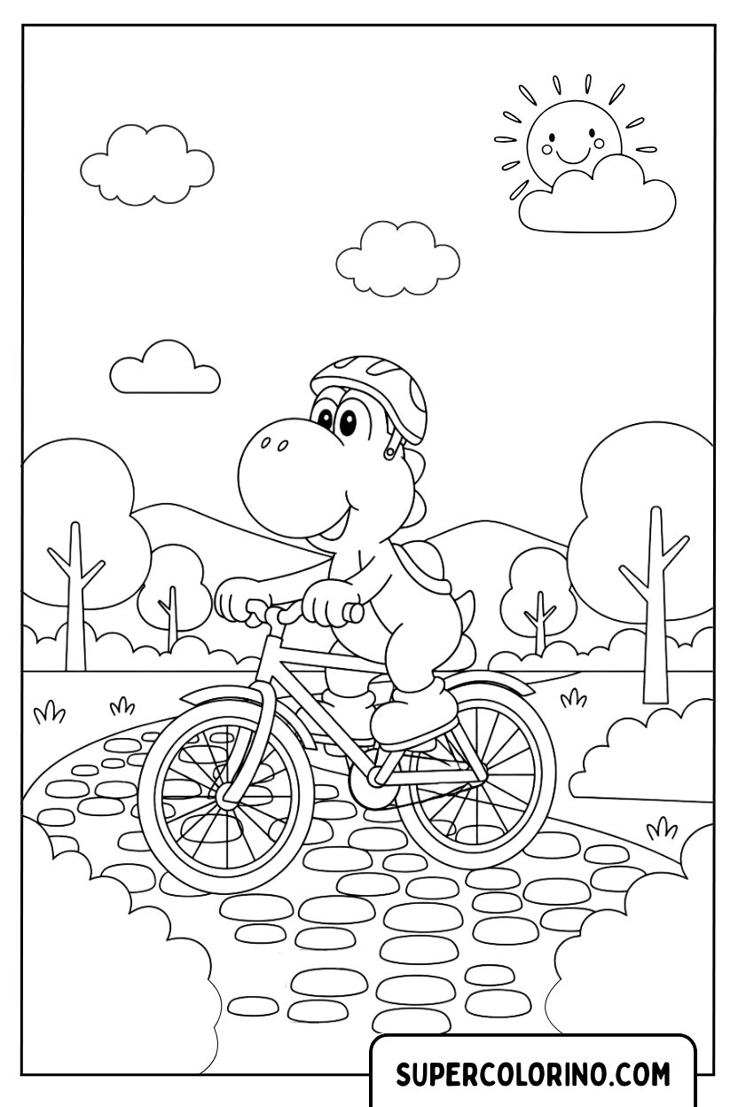 Kleurplaat Yoshi op een fiets in het park