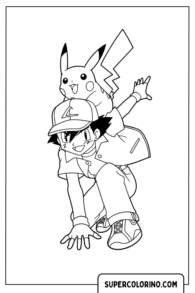 Ash Ketchum met Pikachu op zijn schouder kleurplaat