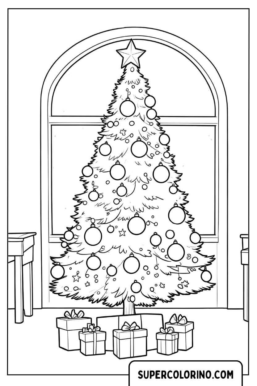 Malvorlage eines geschmückten Weihnachtsbaums zu Hause