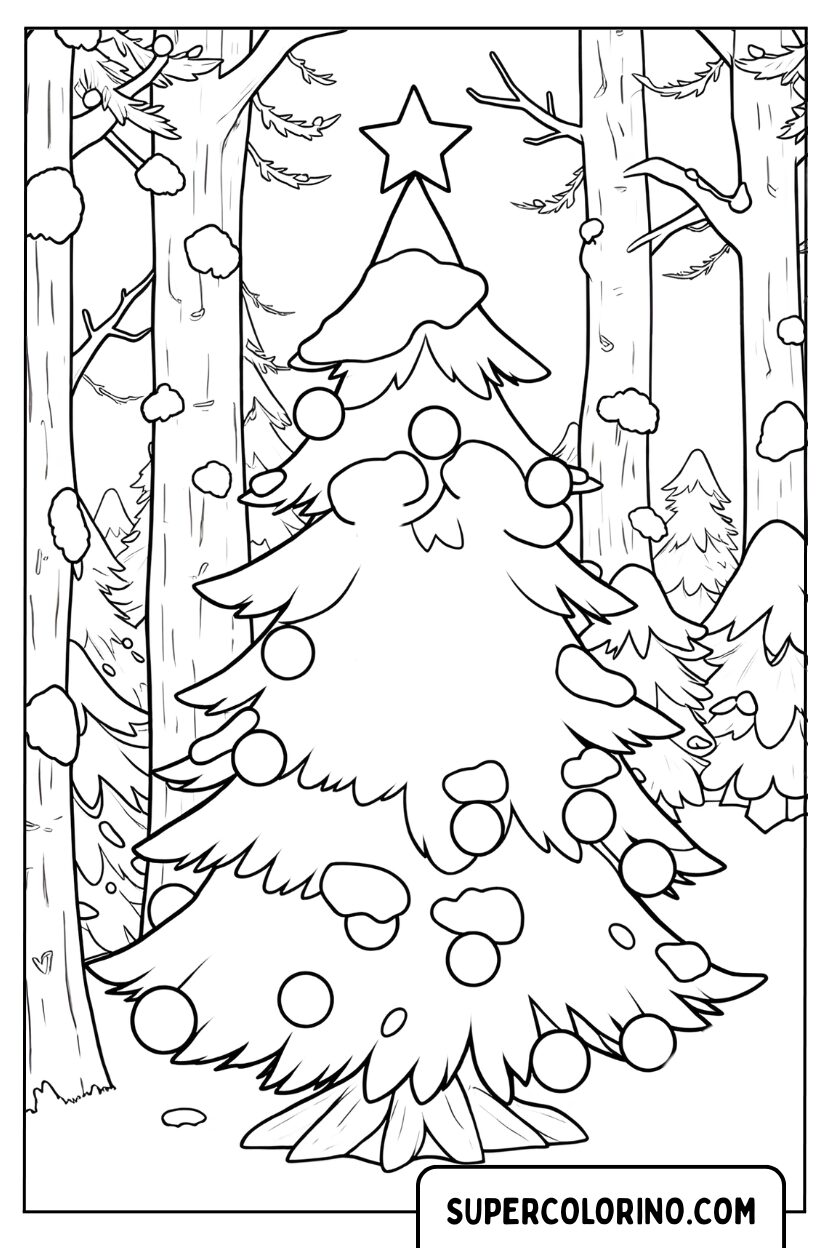 Malvorlage eines verschneiten Weihnachtsbaums im Wald