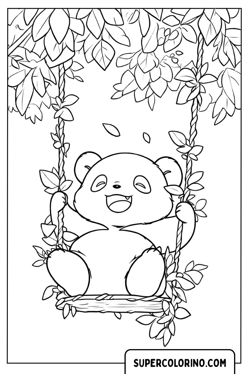 Disegno di un panda felice sull'altalena da colorare
