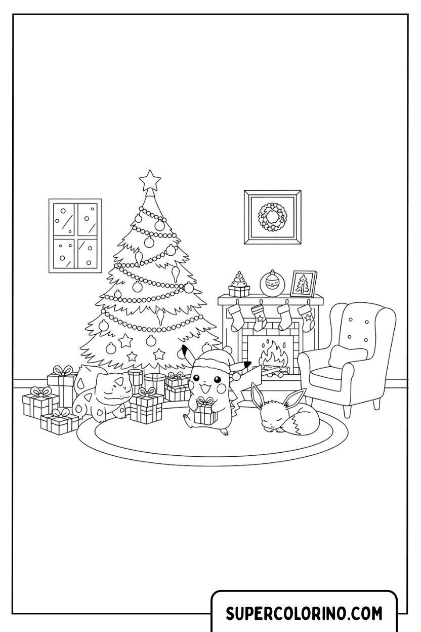 Kerst-Pokémon in de gezellige kamer om te kleuren
