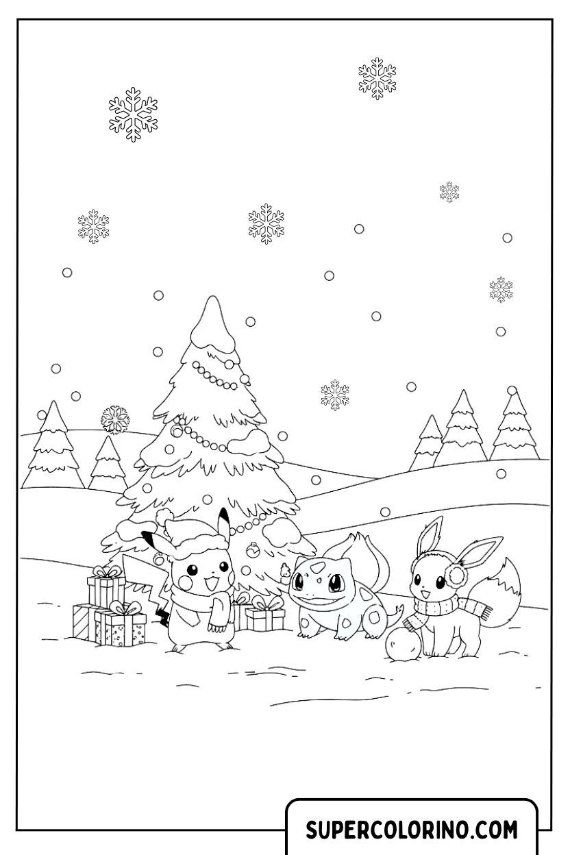 Pokémon in de kerstsneeuwbos kleurplaat