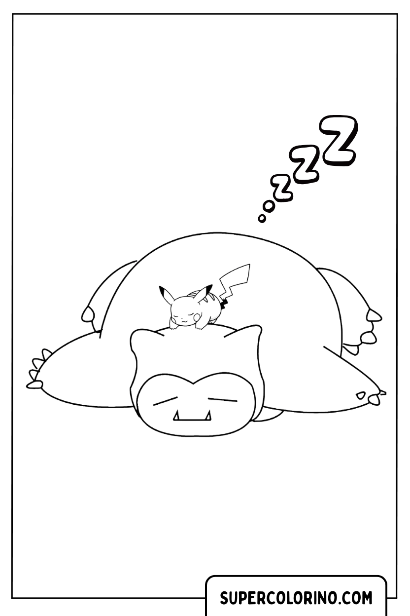Snorlax slaapt met Pikachu kleurplaat