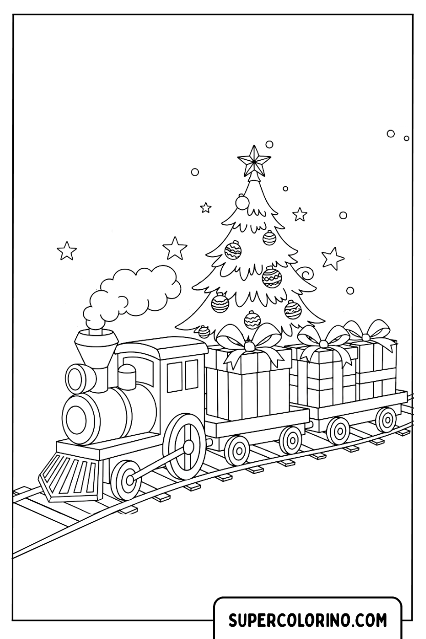 Weihnachtszug mit Baum und Geschenken zum Ausmalen