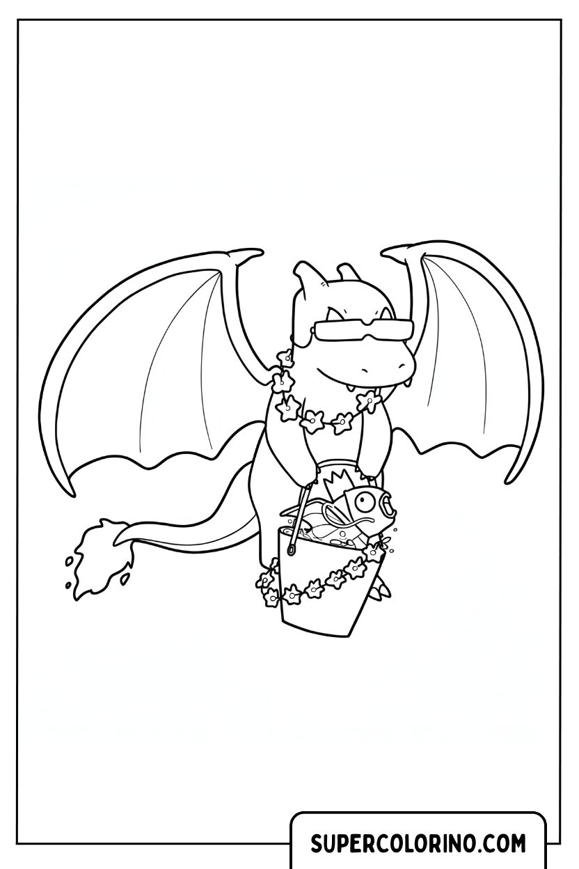Charizard met een grote mand met bloemen om in te kleuren