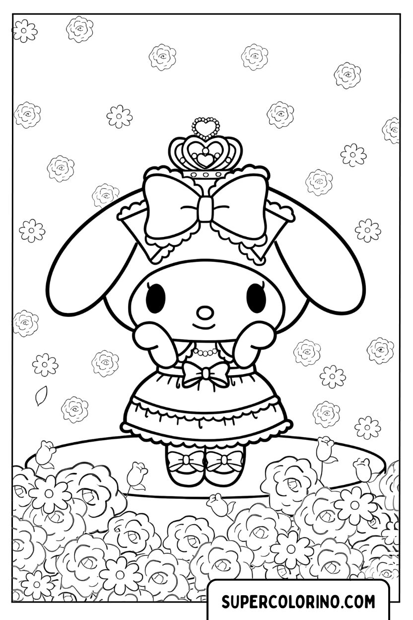 Design von My Melody kawaii in einem Blumengarten zum Ausmalen