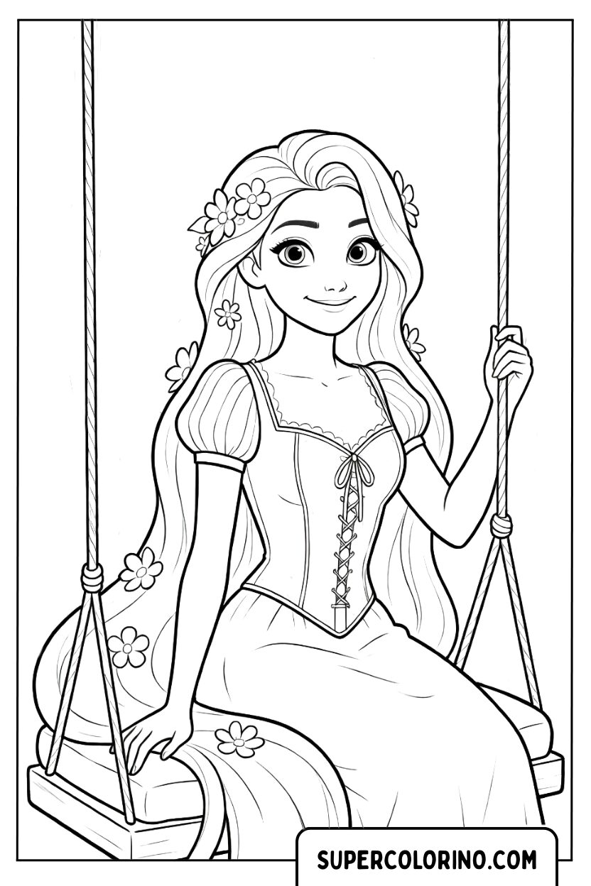 Ausmalbild: Rapunzel auf der Blumenschaukel