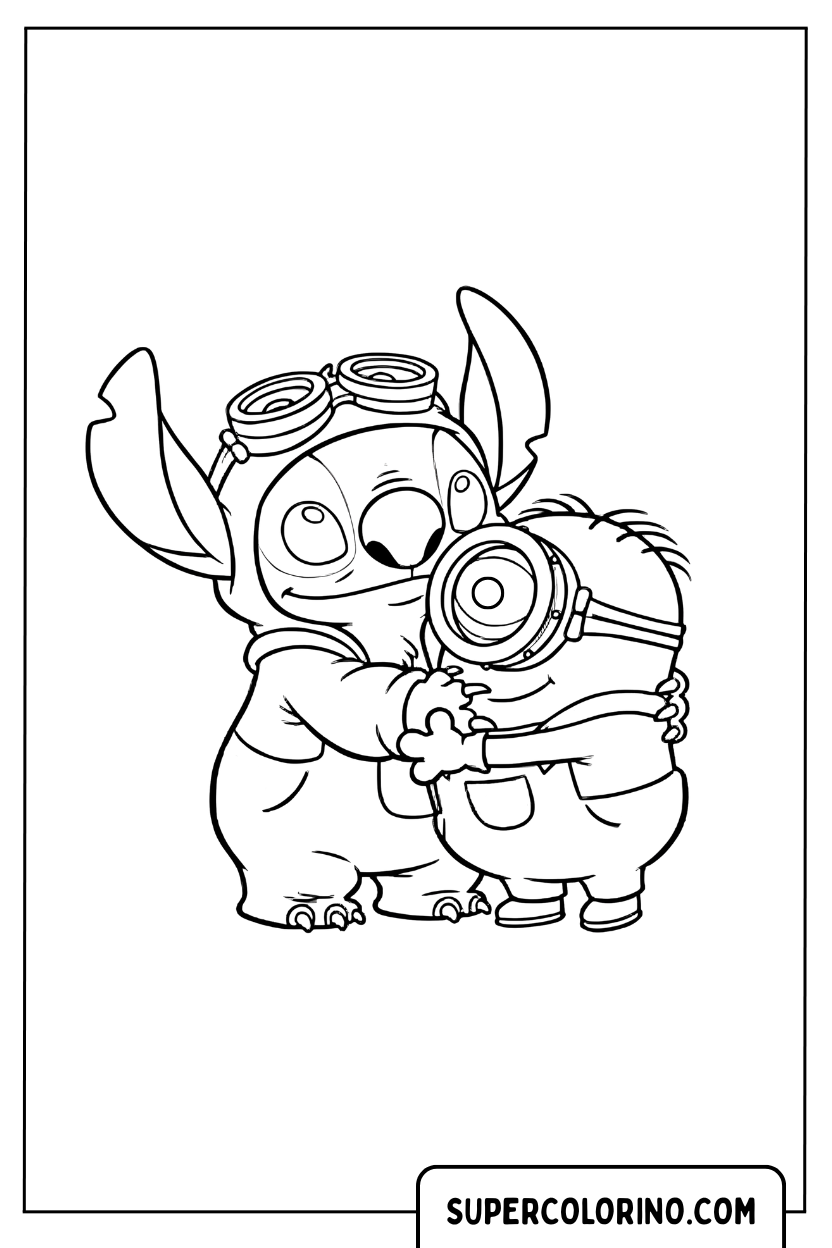 Designo di Stitch che abbraccia un Minion da colorare
