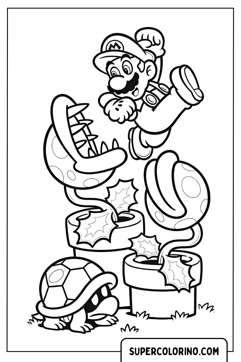 Kleurplaat van Super Mario tussen de gevaren van het Mushroom Kingdom