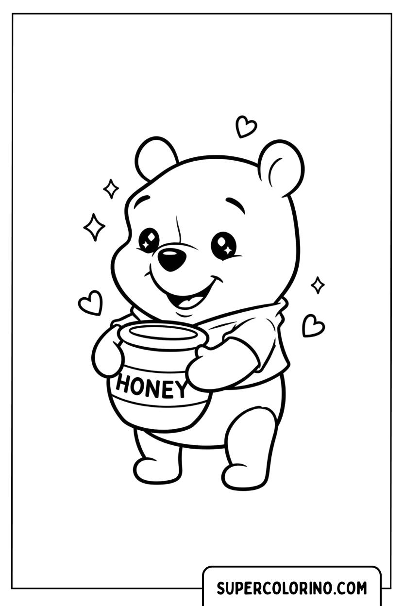 Winnie the Pooh Kawaii-Zeichnung mit Honigtopf zum Ausmalen