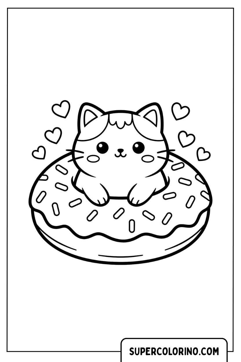 Malvorlage eines Kawaii-Kätzchens in einem Donut