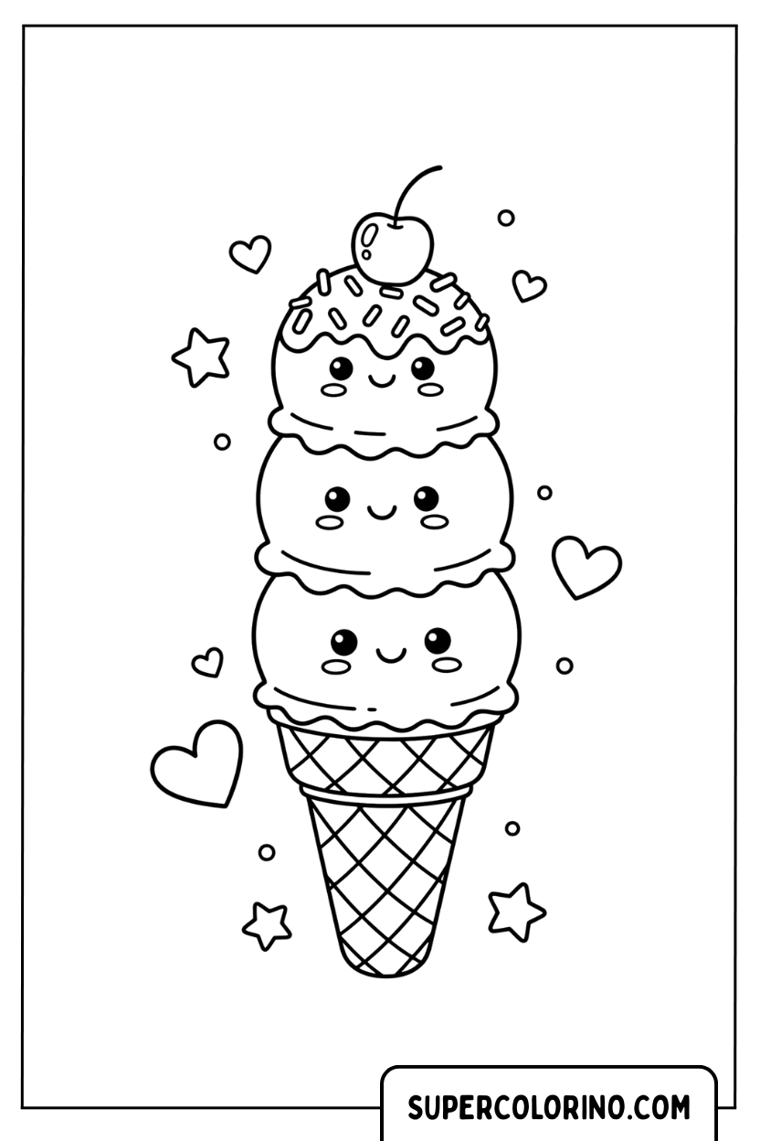 Dreistöckiges Kawaii-Eiscreme-Design zum Ausmalen