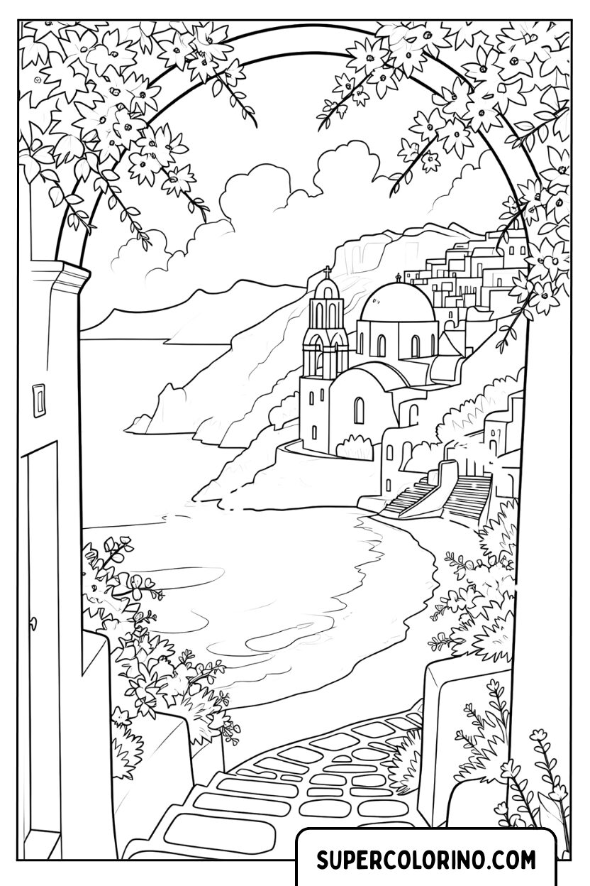 Entwurf einer italienischen Küstenlandschaft mit Treppe und Dorf zum Ausmalen