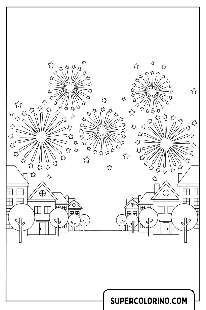 Malvorlagen mit Feuerwerk über den Häusern der Stadt