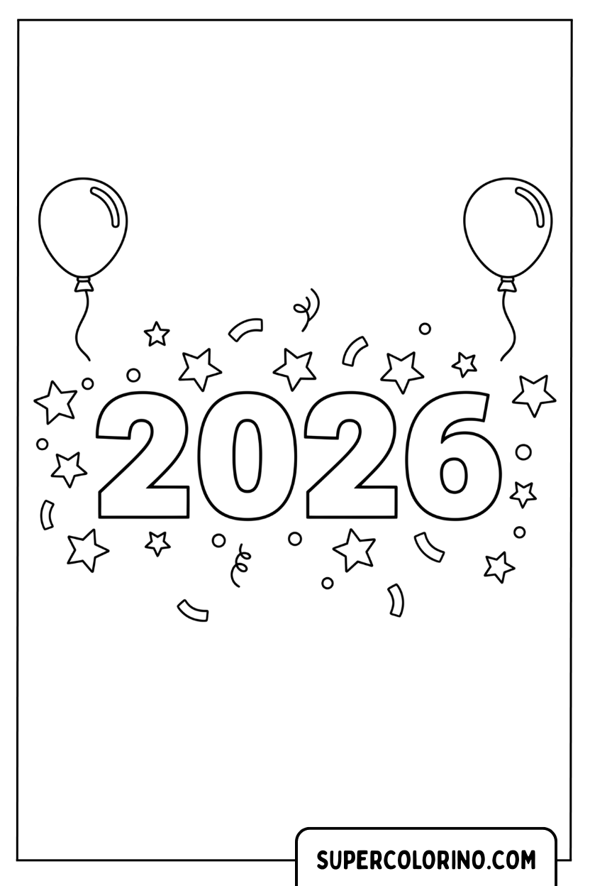 Malvorlagen mit Sternen und Luftballons für das neue Jahr 2026