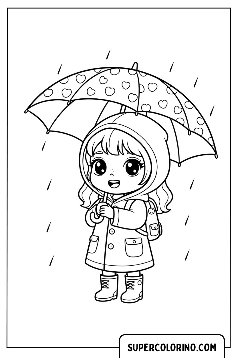 Disegni di una ragazza anime sotto la pioggia con ombrello da colorare