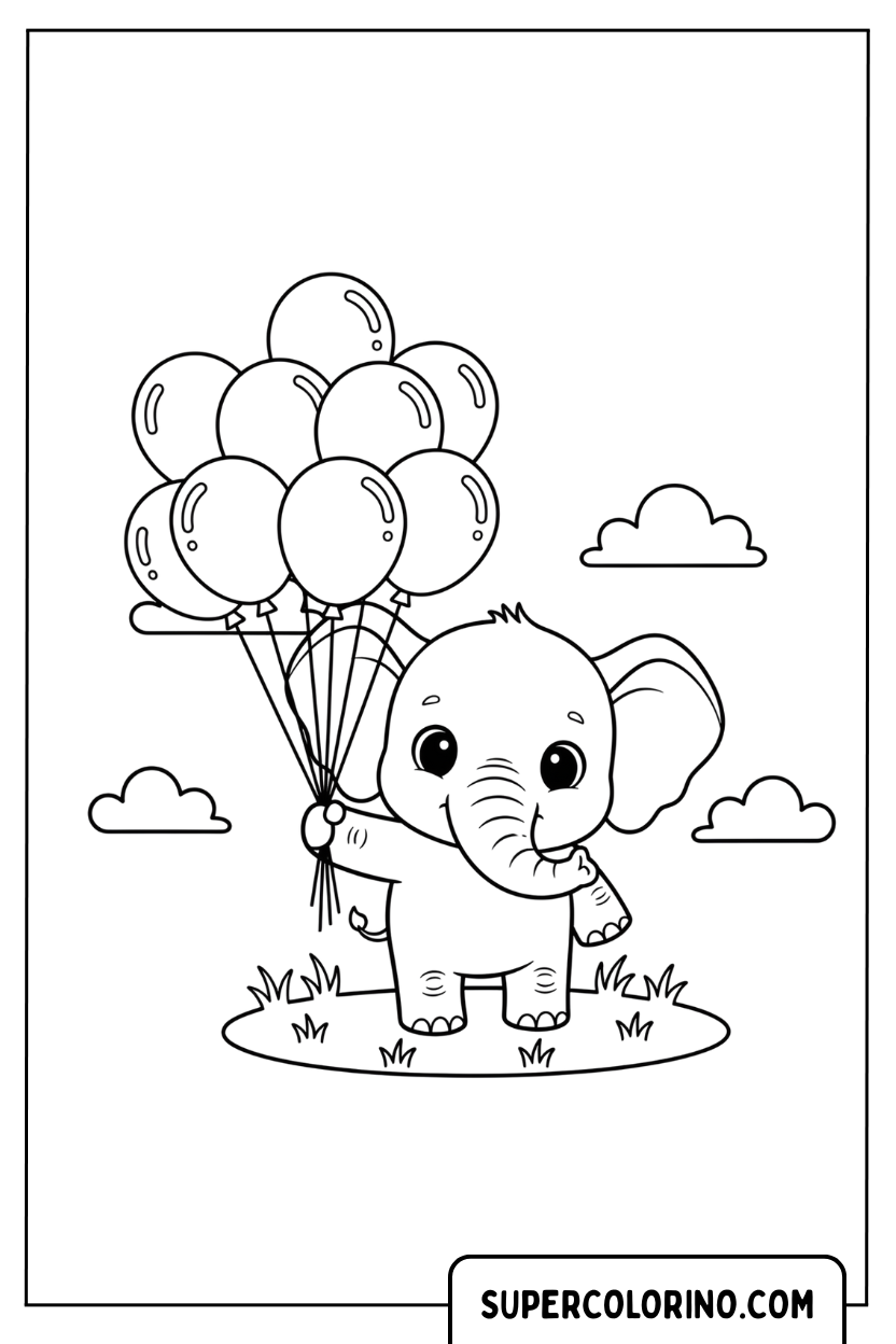 Malvorlage Elefantenbaby mit Luftballons auf der Wiese