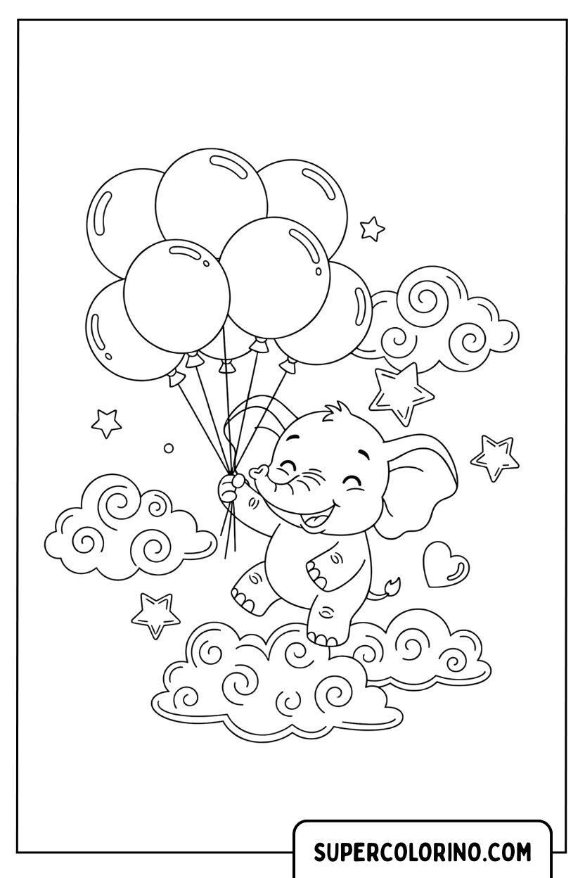 Malvorlage Elefantenbaby mit Luftballons