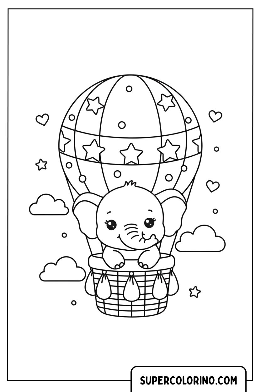 Malvorlage Elefantenbaby im Heißluftballon