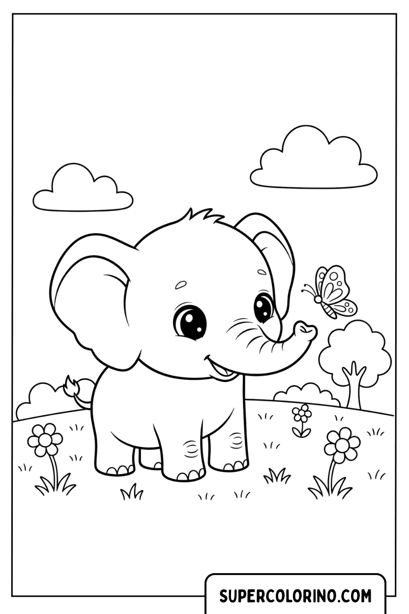 Malvorlage Elefantenbaby auf der Wiese