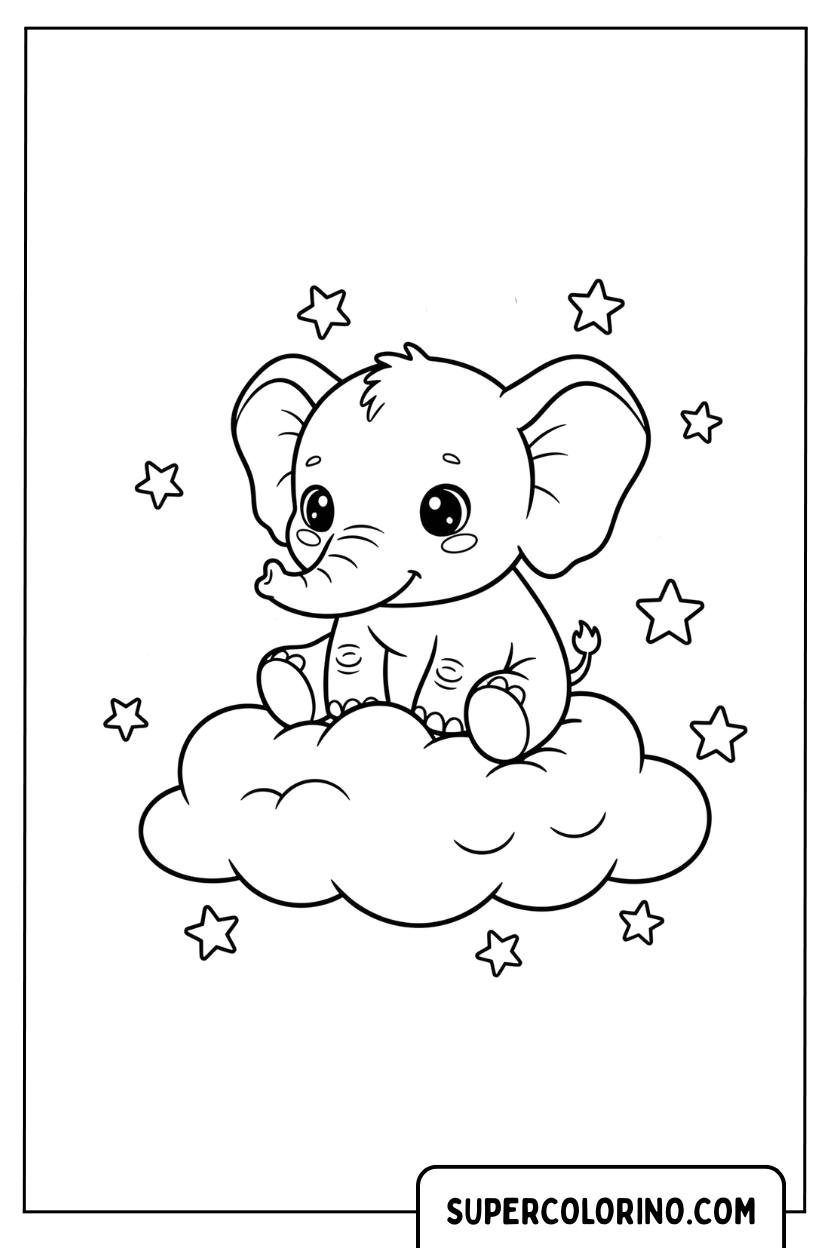 Malvorlage Elefantenbaby auf der Wolke