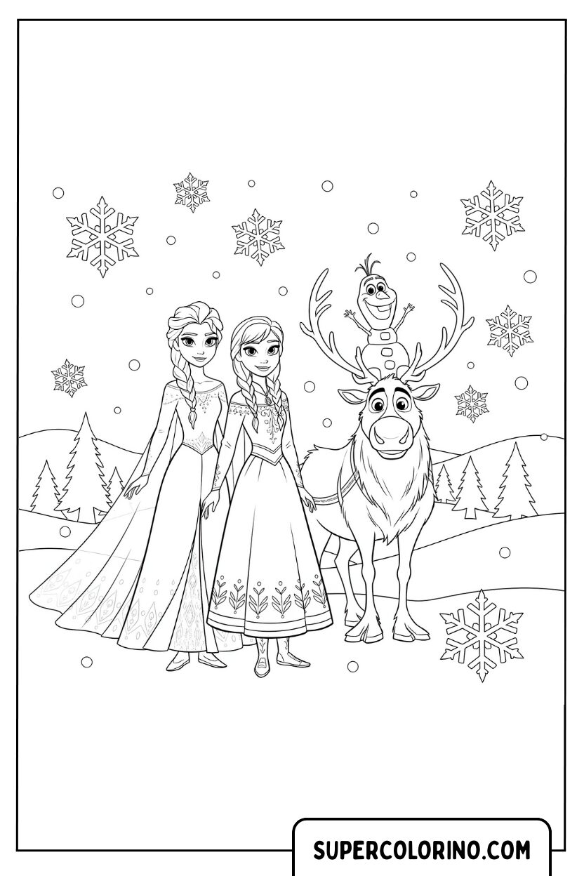 Malvorlage Elsa, Anna und Sven im Schnee