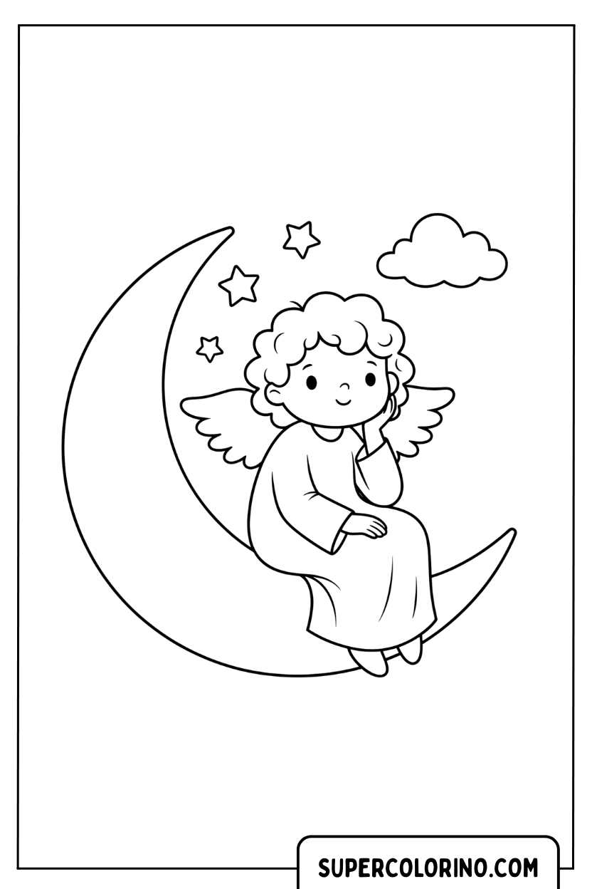 Disegno da colorare angelo sulla luna