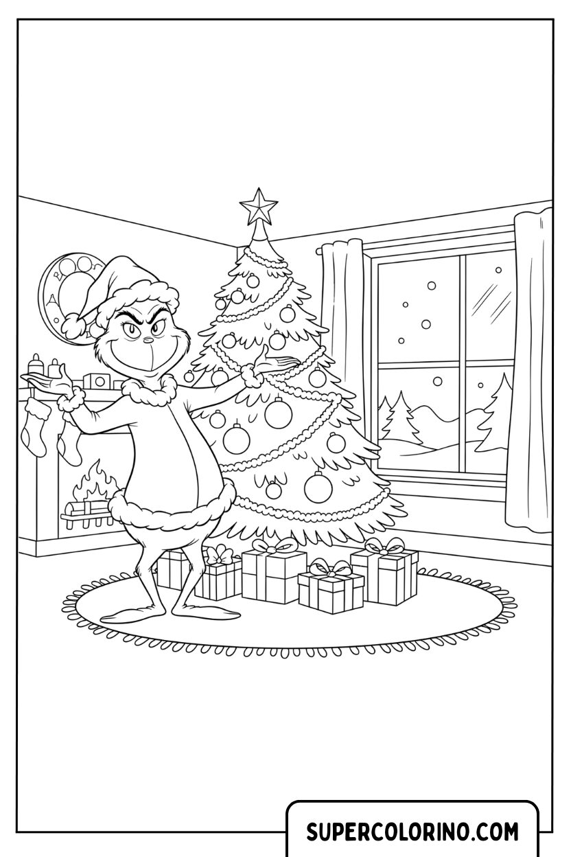 Malvorlage des Grinch neben dem Weihnachtsbaum zu Hause