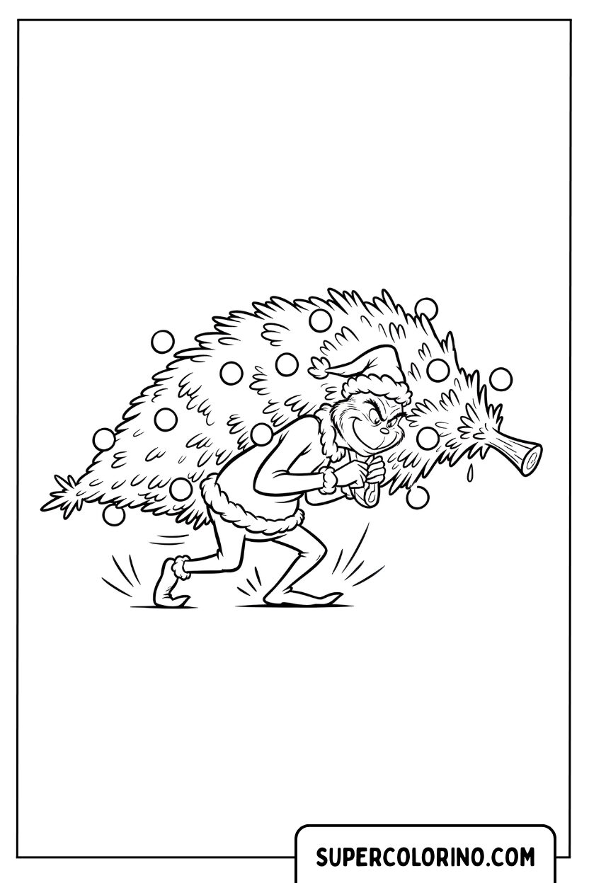 Malvorlage des Grinch, der den Weihnachtsbaum umarmt
