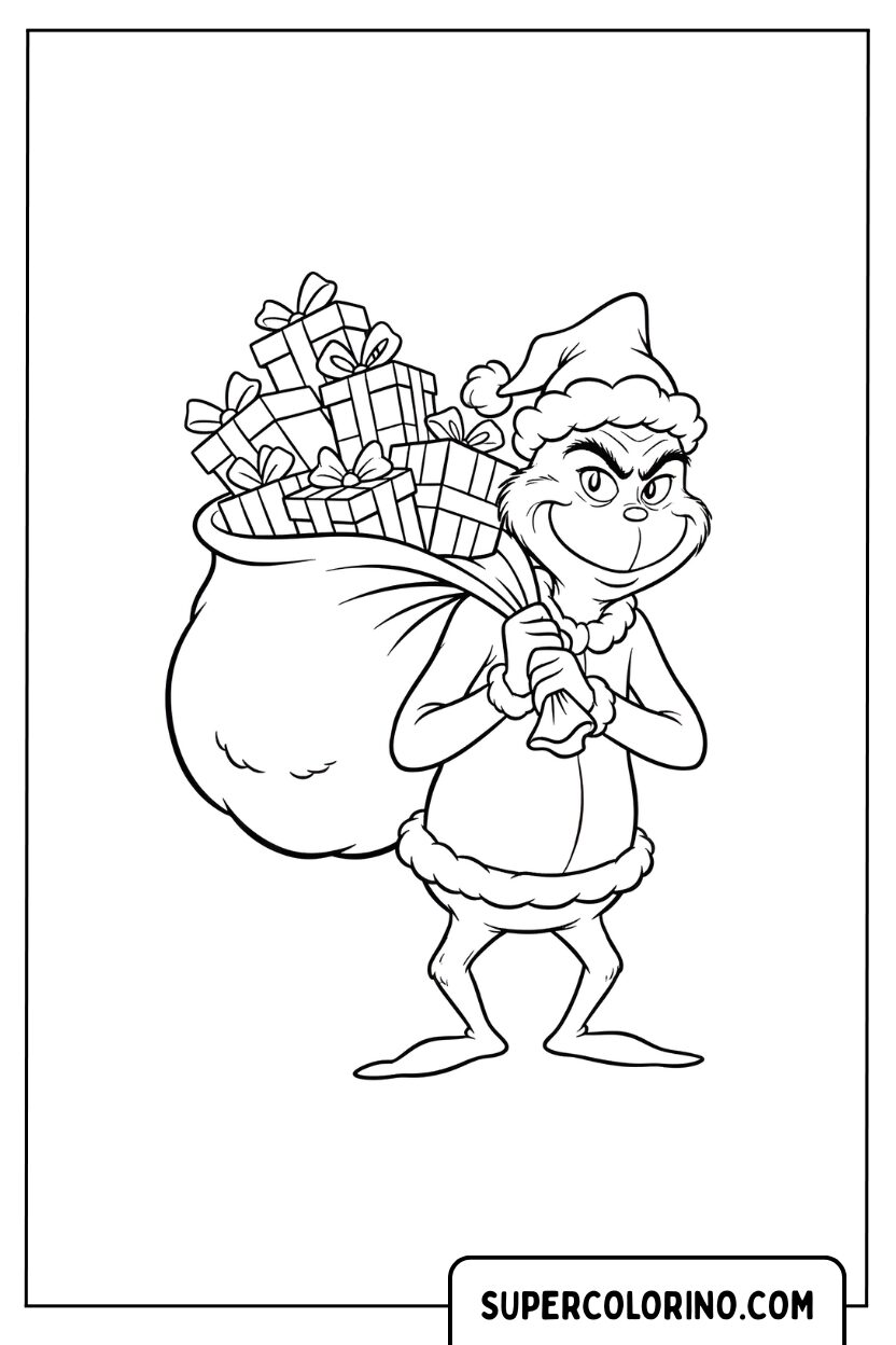 Malvorlage des Grinch mit dem Sack voller Weihnachtsgeschenke