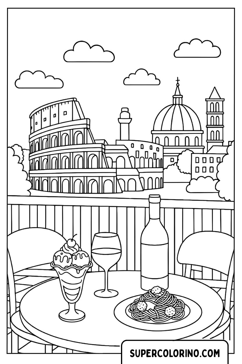 Malvorlage eines Cafés mit Blick auf die antike Stadt Rom