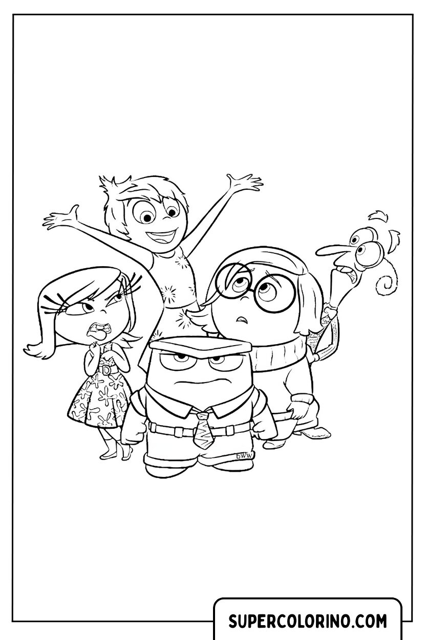 Malvorlage der Gruppe alter Emotionen von Inside Out in lustiger Pose