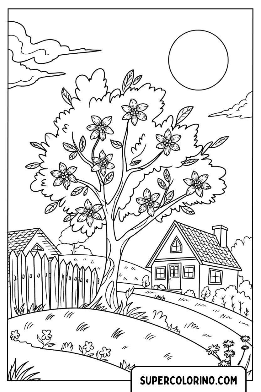 Malvorlage des Landhauses unter einem großen Baum