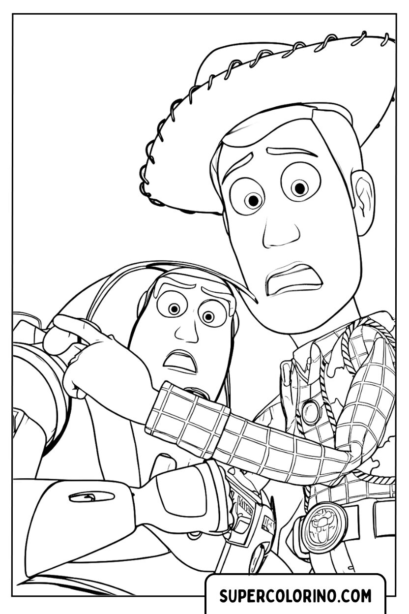 Malvorlage von Woody und Buzz, die Angst haben
