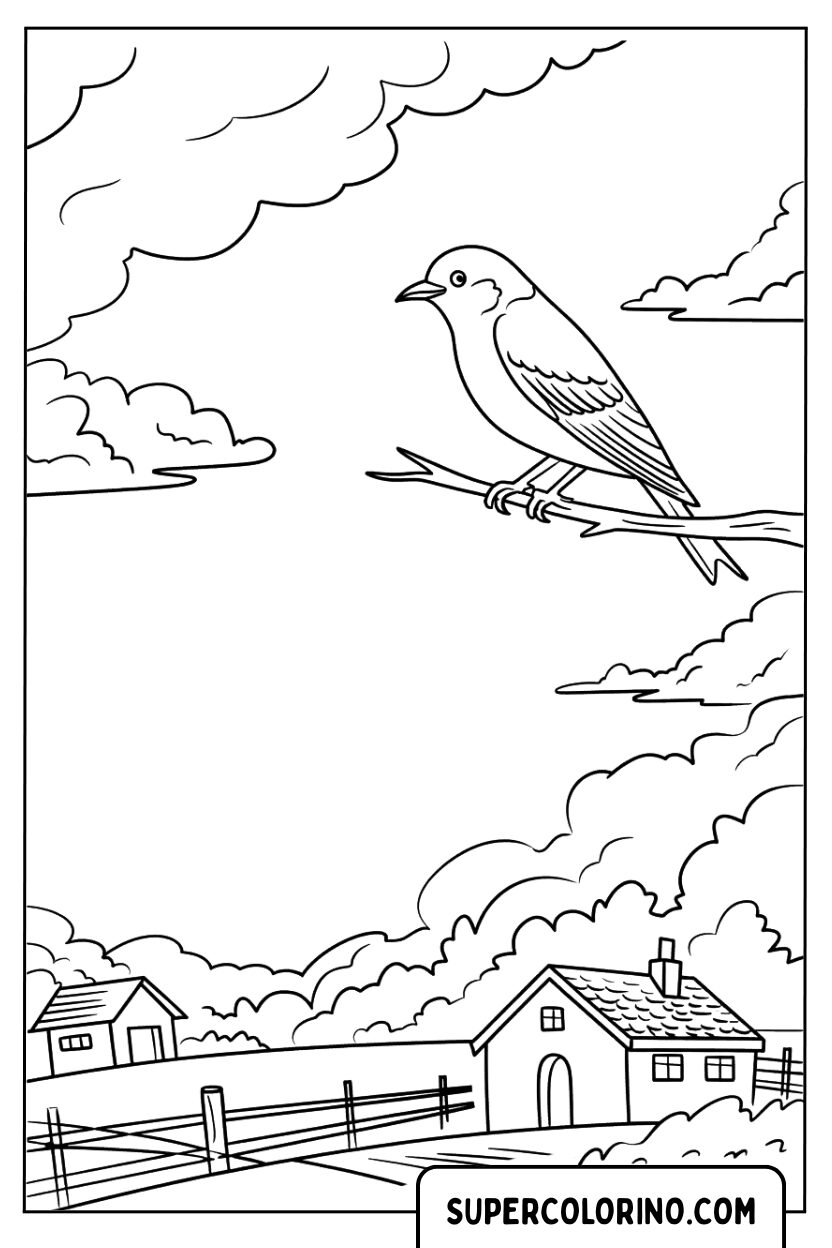 Malvorlage eines Vogels, der über die Landschaft fliegt