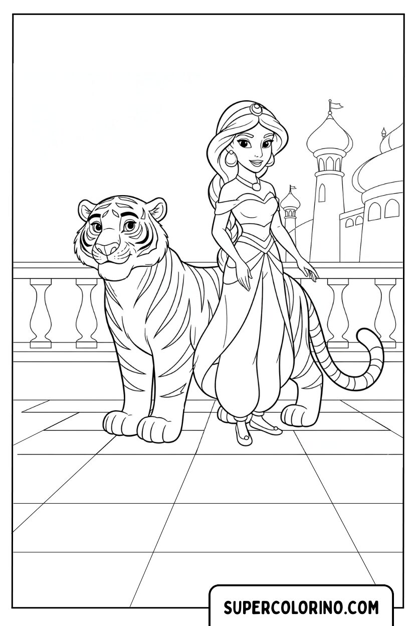 Malvorlage Prinzessin Jasmine und der Tiger Raja