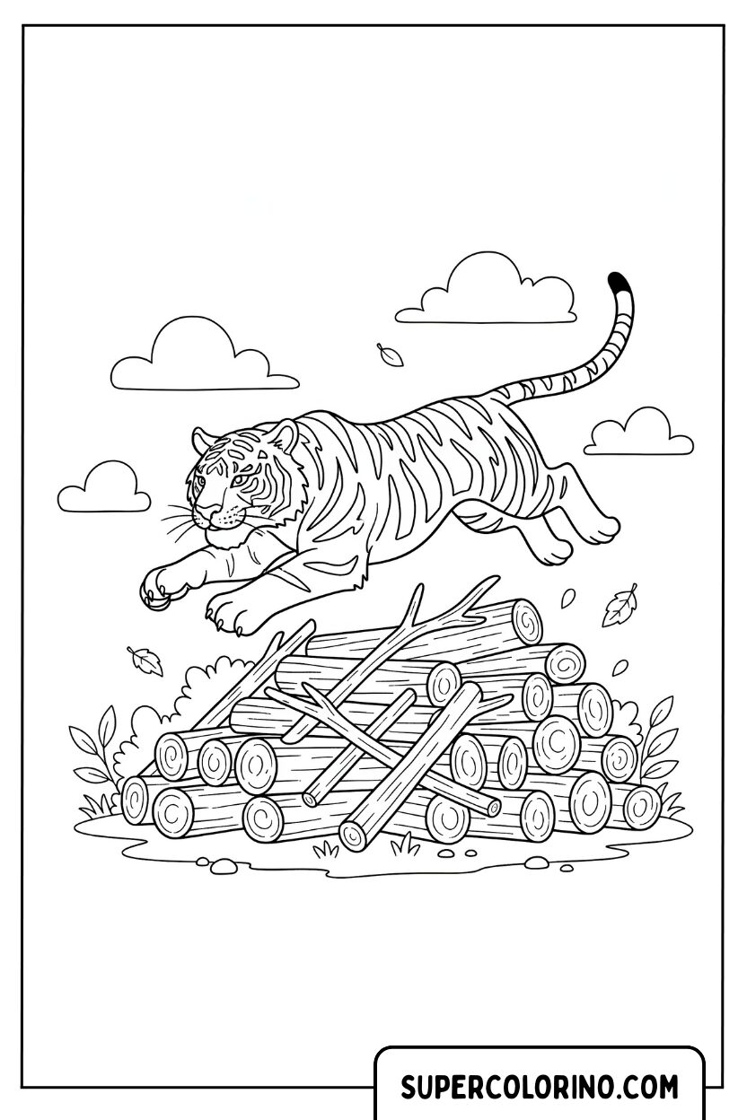 Malvorlage Tiger springt über Holz