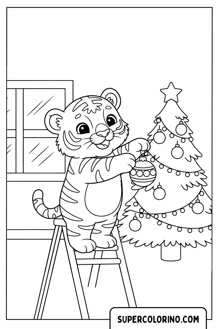 Malvorlage kleiner Tiger, der den Weihnachtsbaum schmückt