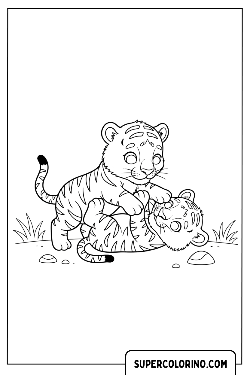 Malvorlage kleiner Tiger spielt und kämpft